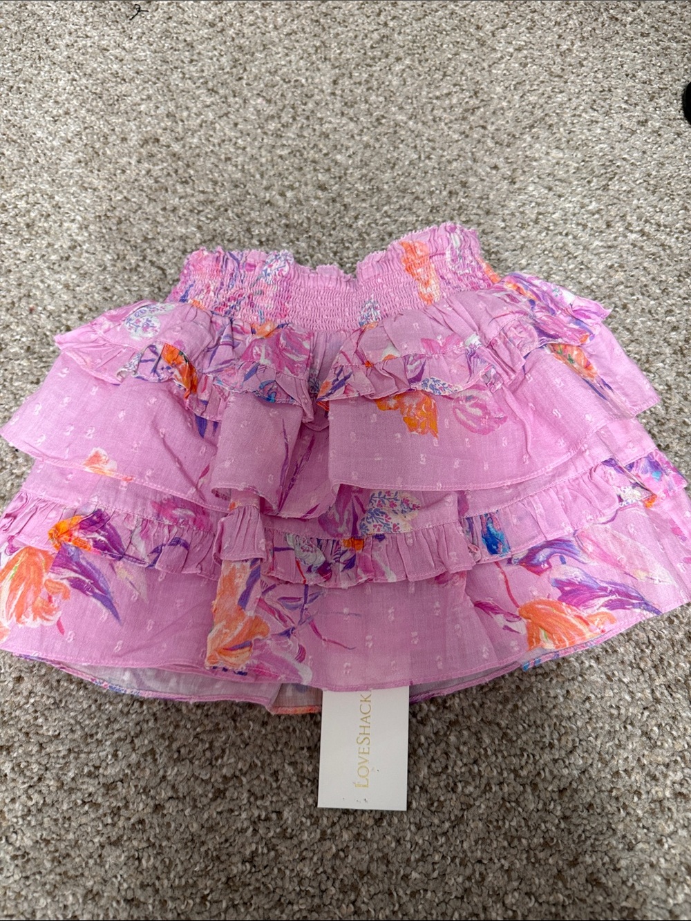LoveShackFancy Pink Floral Tiered Ruffle Skirt